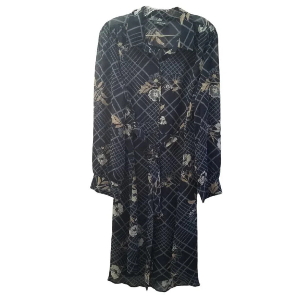 Modcloth Blue Floral Semi Sheer Dress Belted XL